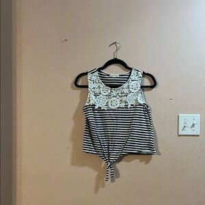 It's Our Time Black and White Striped Crop Top with Lace